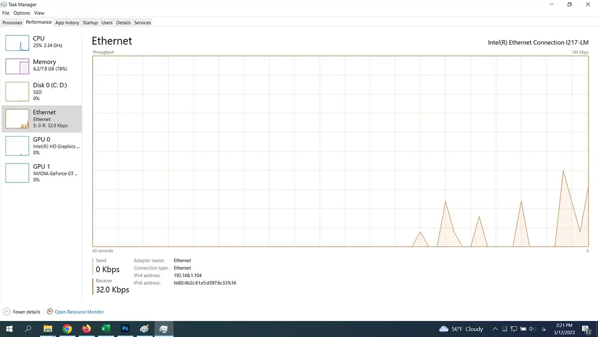 نمای task manager برای مشاهده پهنای باند دوربین مداربسته ip