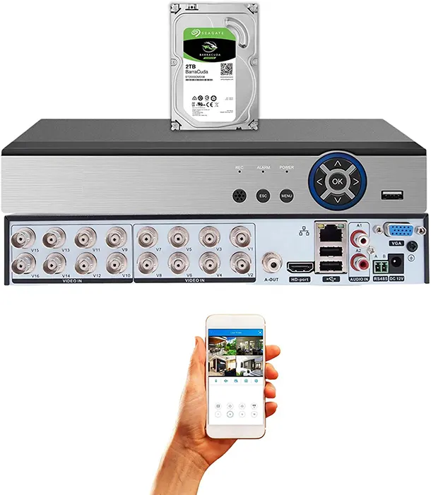 نمای جلو و پشت دستگاه dvr 16 کانال به‌همراه یک عدد هارد 2 ترابایت سیگیت