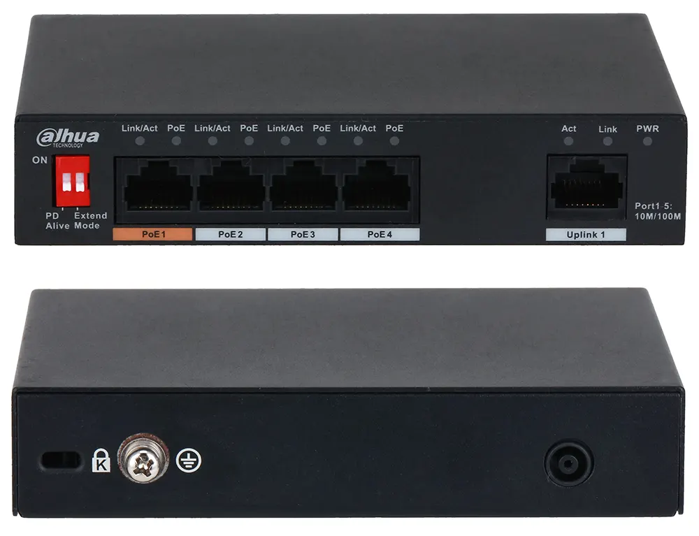 نمای جلو و پشت سوئیچ شبکه Dahua DH-PFS3005-4ET-60