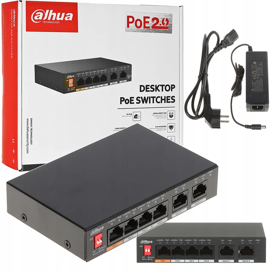 سوئیچ شبکه داهوا مدل PFS3005-4ET-60 همراه با متعلقاتش